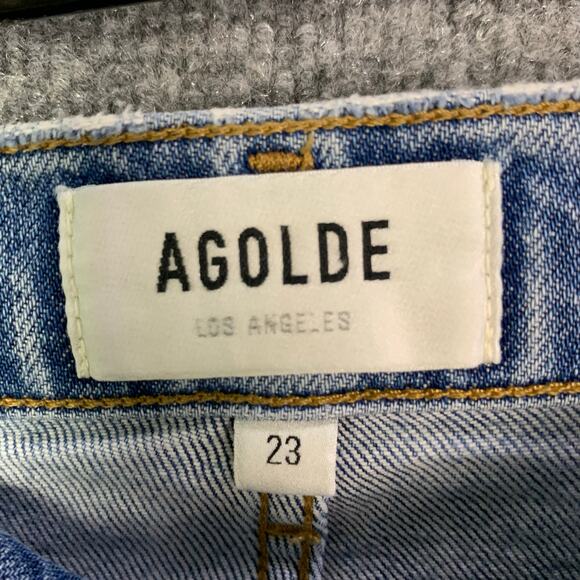 Agolde Riley Long Jeans Distressed Raw Hem Cove Light Wash Size 23 - Picture 9 of 11